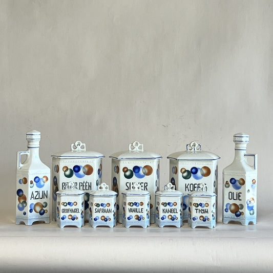 Antique Belgian Art Deco Porcelain Spice Jar Set – 10-Piece Kitchen Storage