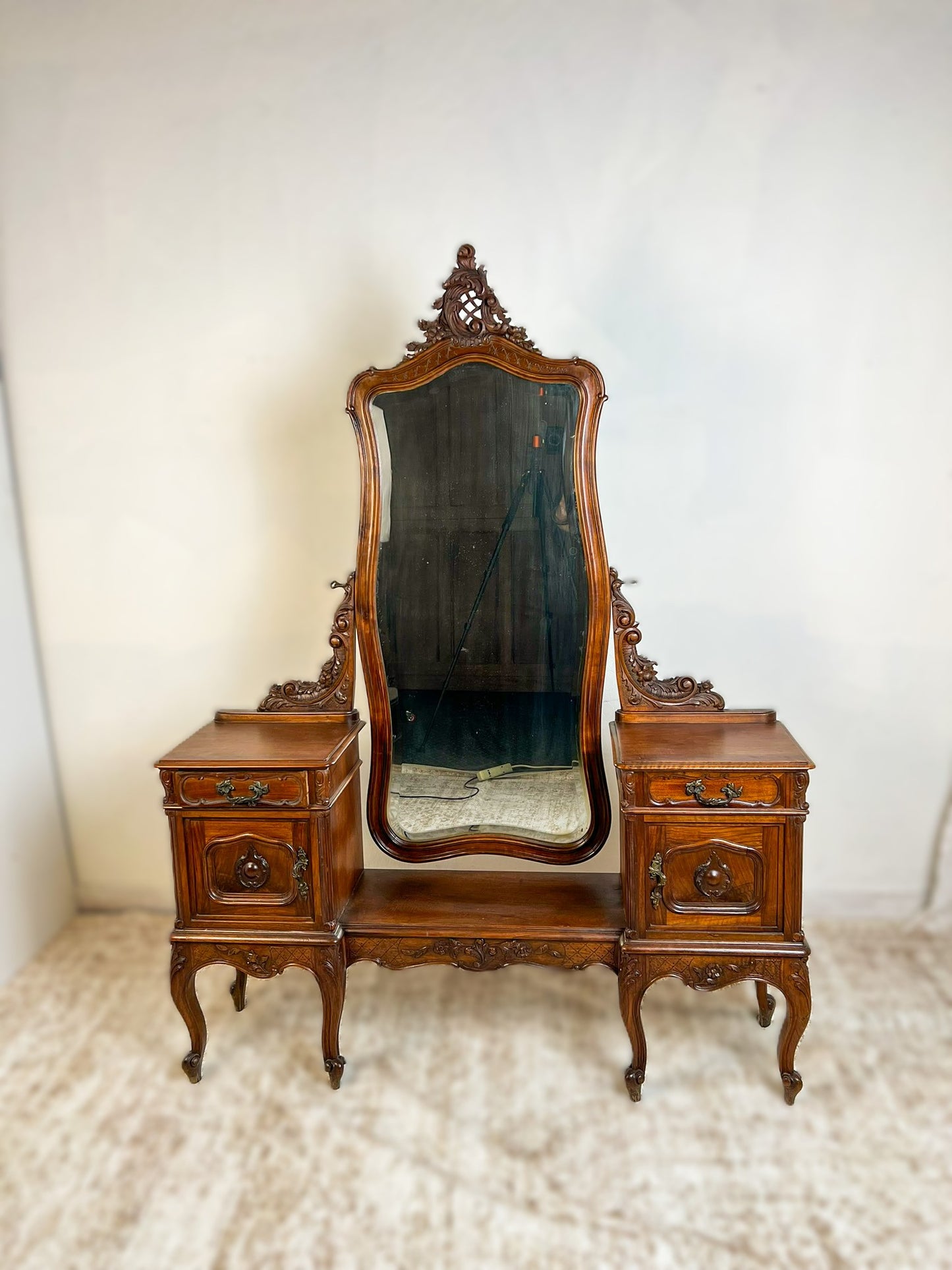 Vintage French Louis XV Style Walnut Vanity with Mirror