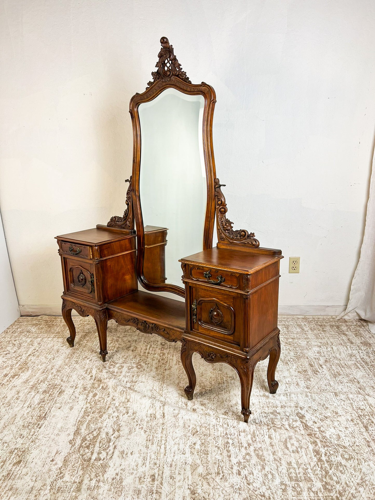 Vintage French Louis XV Style Walnut Vanity with Mirror