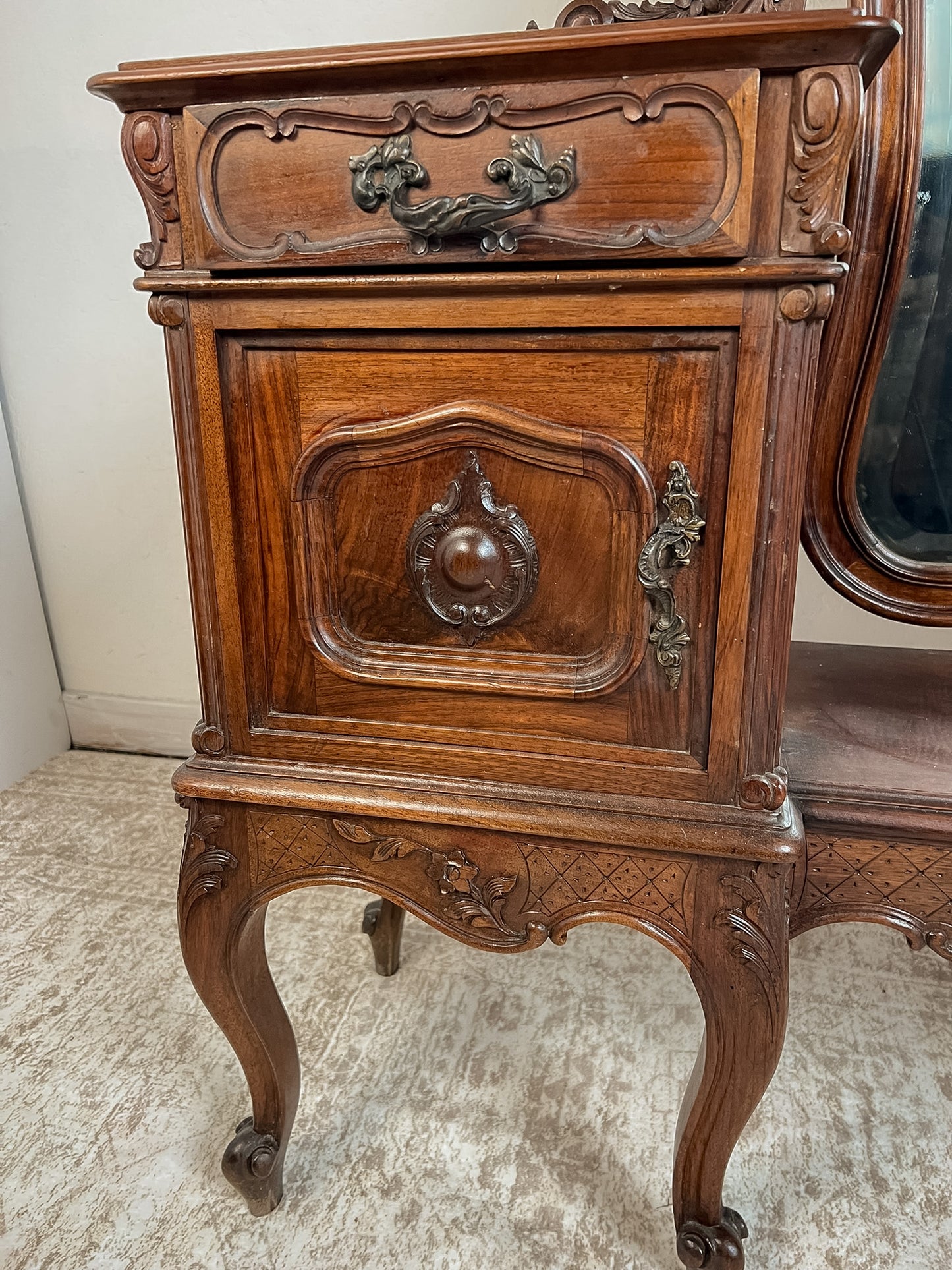 Vintage French Louis XV Style Walnut Vanity with Mirror