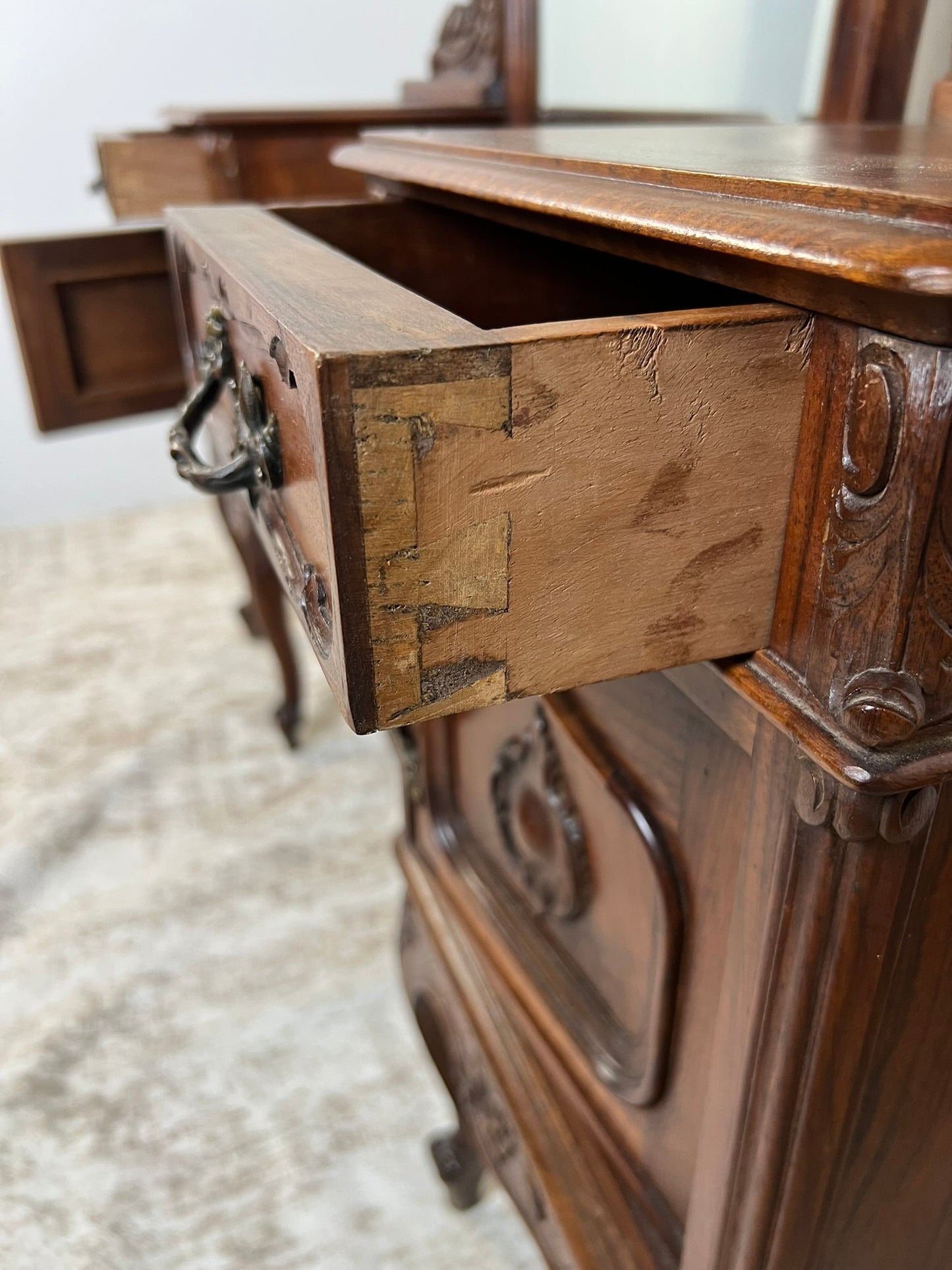 Vintage French Louis XV Style Walnut Vanity with Mirror