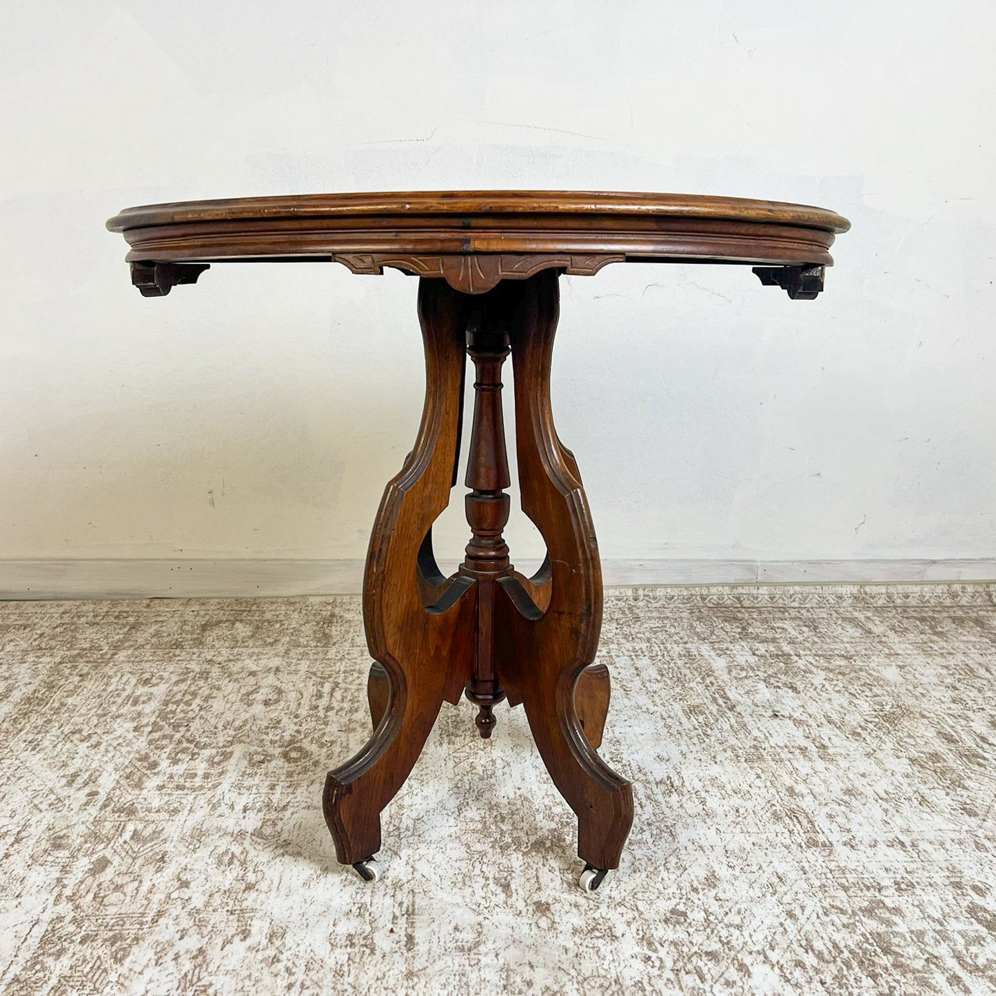Antique American Eastlake Walnut Side Table on Original Casters