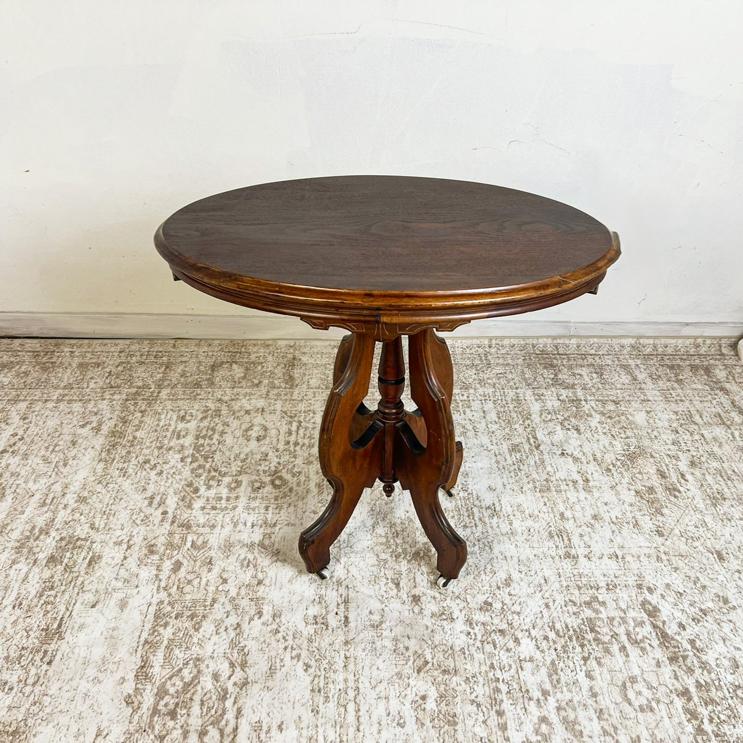 Antique American Eastlake Walnut Side Table on Original Casters