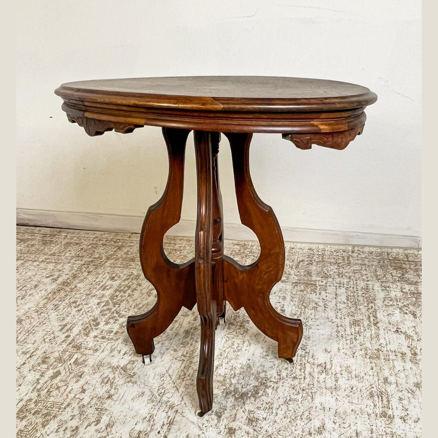 Antique American Eastlake Walnut Side Table on Original Casters