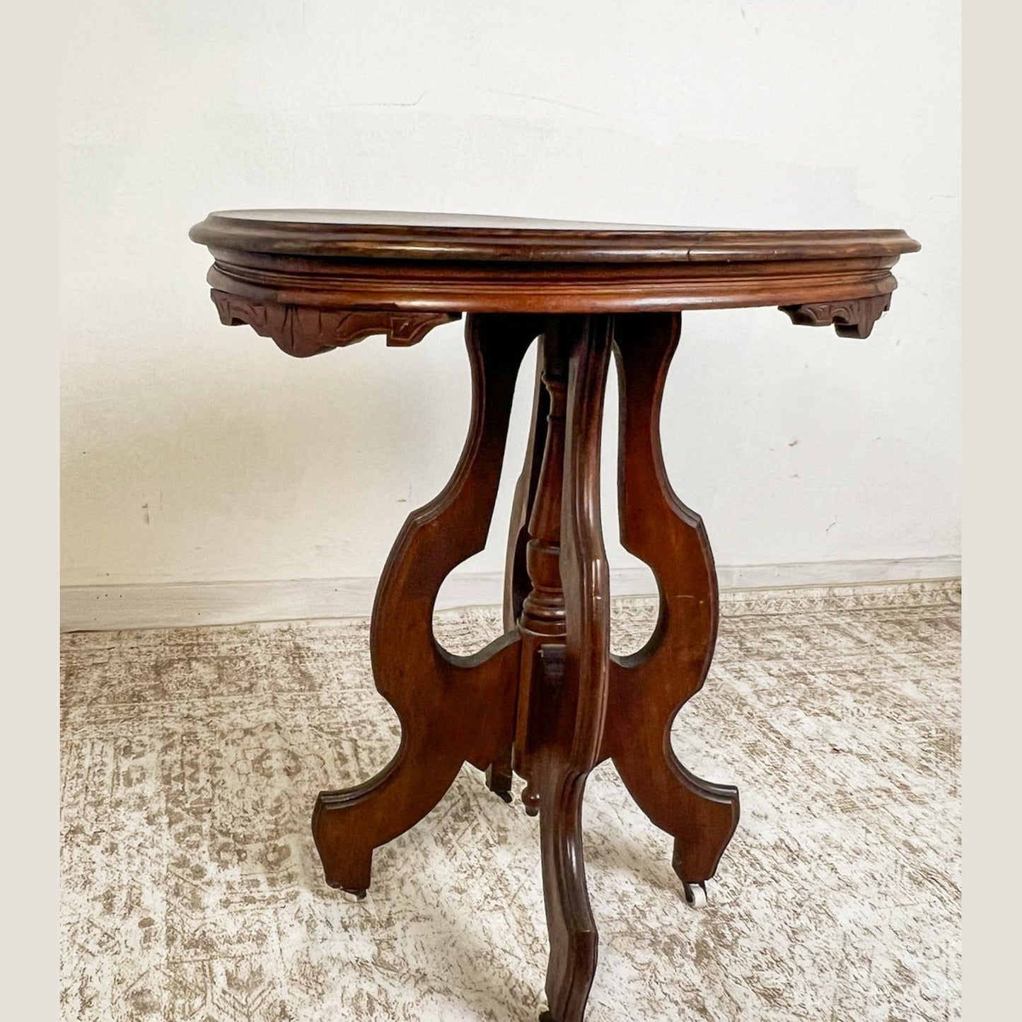Antique American Eastlake Walnut Side Table on Original Casters