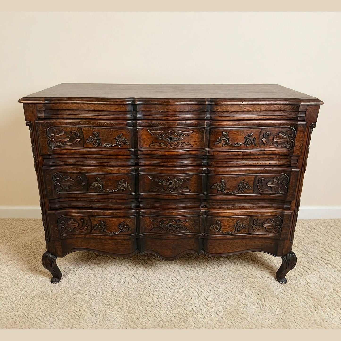 Vintage French Oak Dresser with Carved Details and Serpentine Front