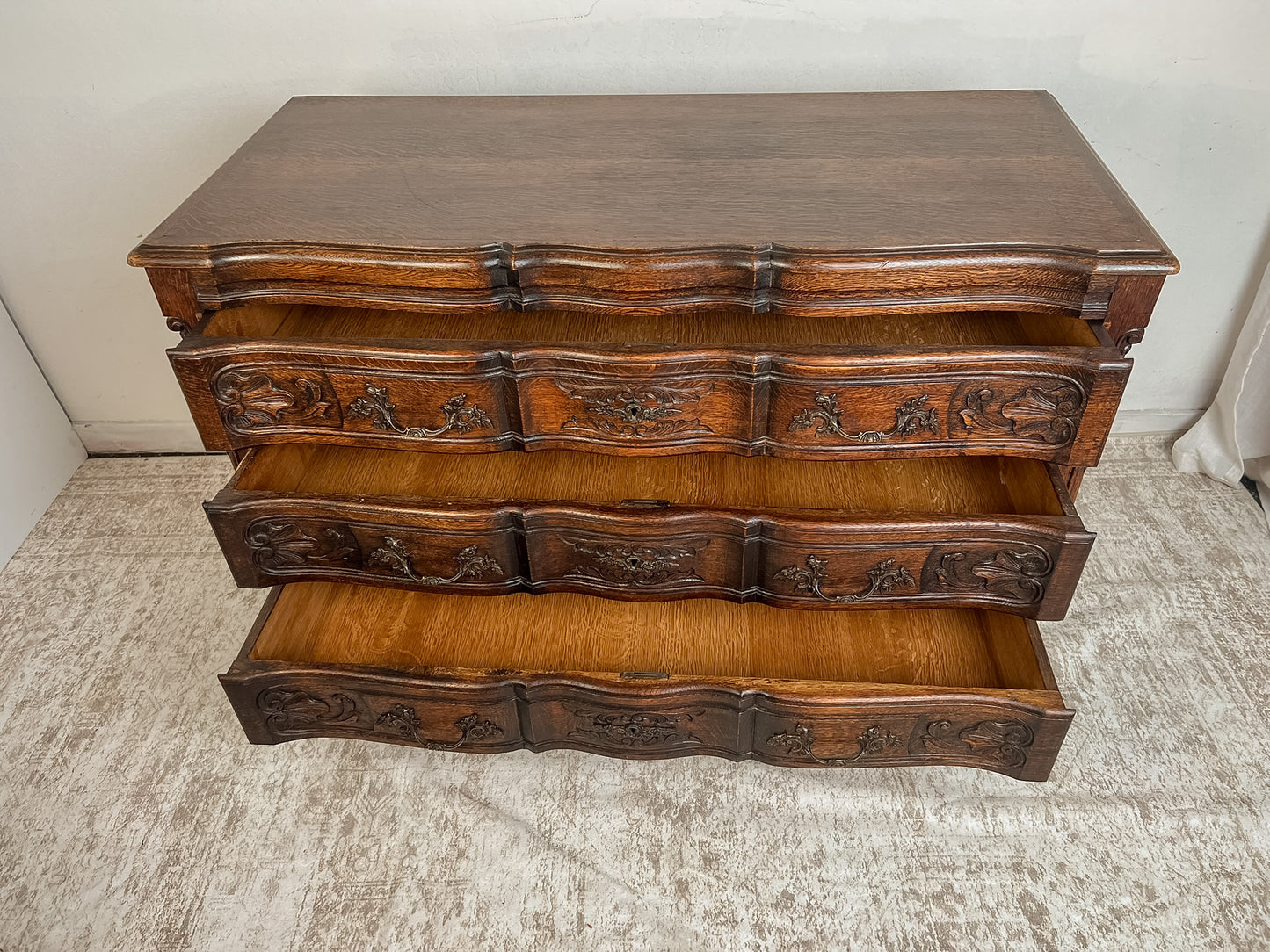 Vintage French Oak Dresser with Carved Details and Serpentine Front