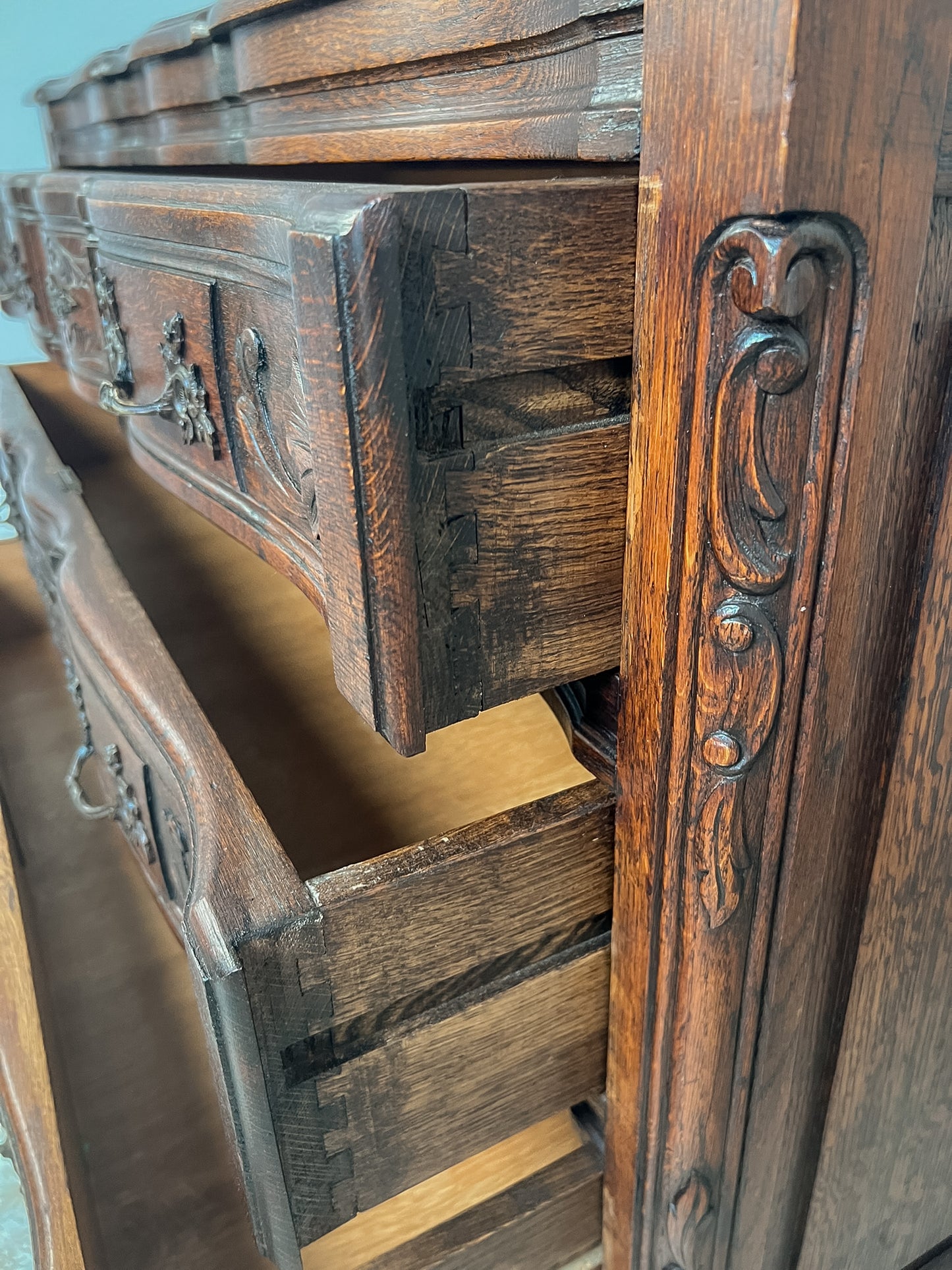 Vintage French Oak Dresser with Carved Details and Serpentine Front