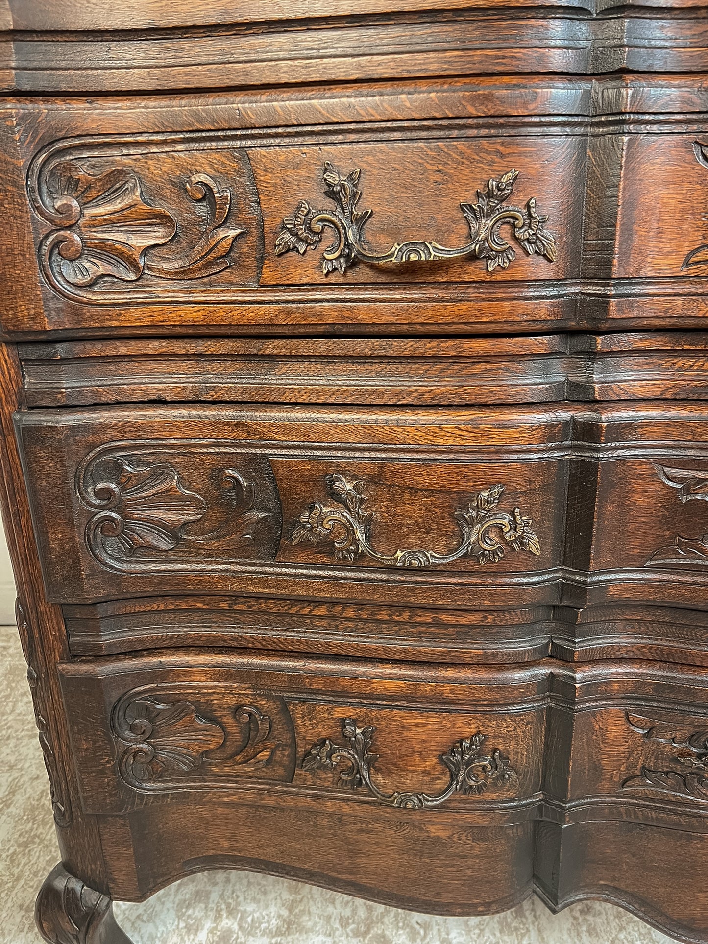 Vintage French Oak Dresser with Carved Details and Serpentine Front