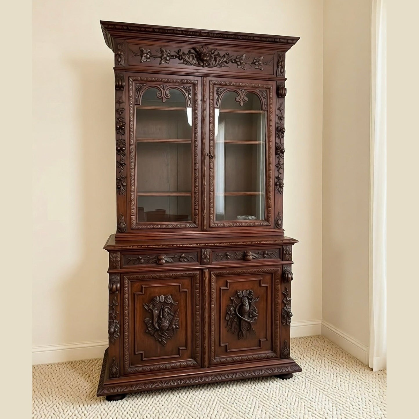 Antique French Normandy Carved Solid Oak Hutch