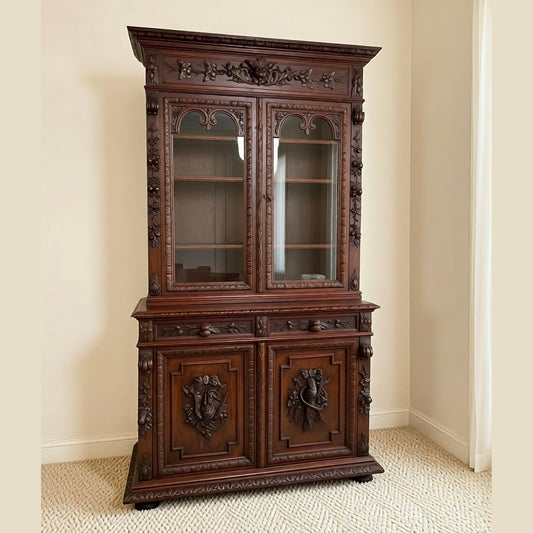 Antique French Normandy Carved Solid Oak Hutch