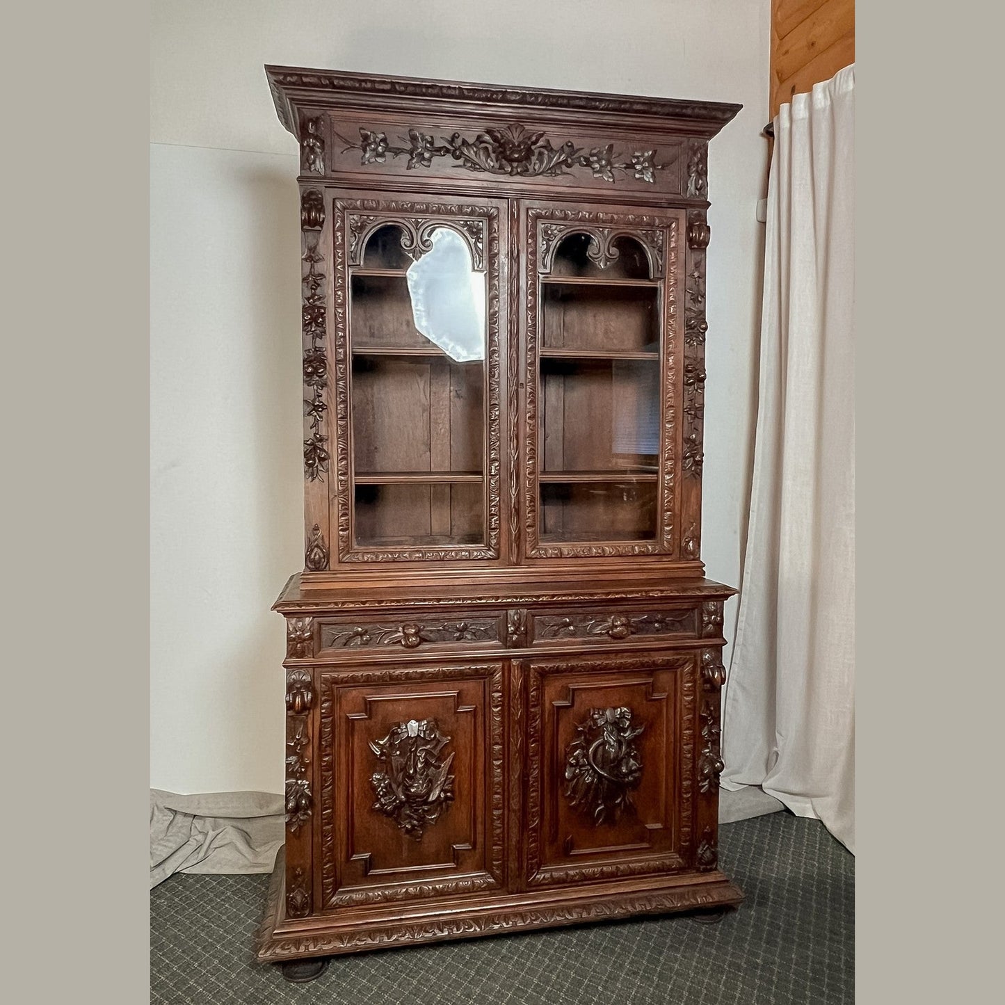 Antique French Normandy Carved Solid Oak Hutch