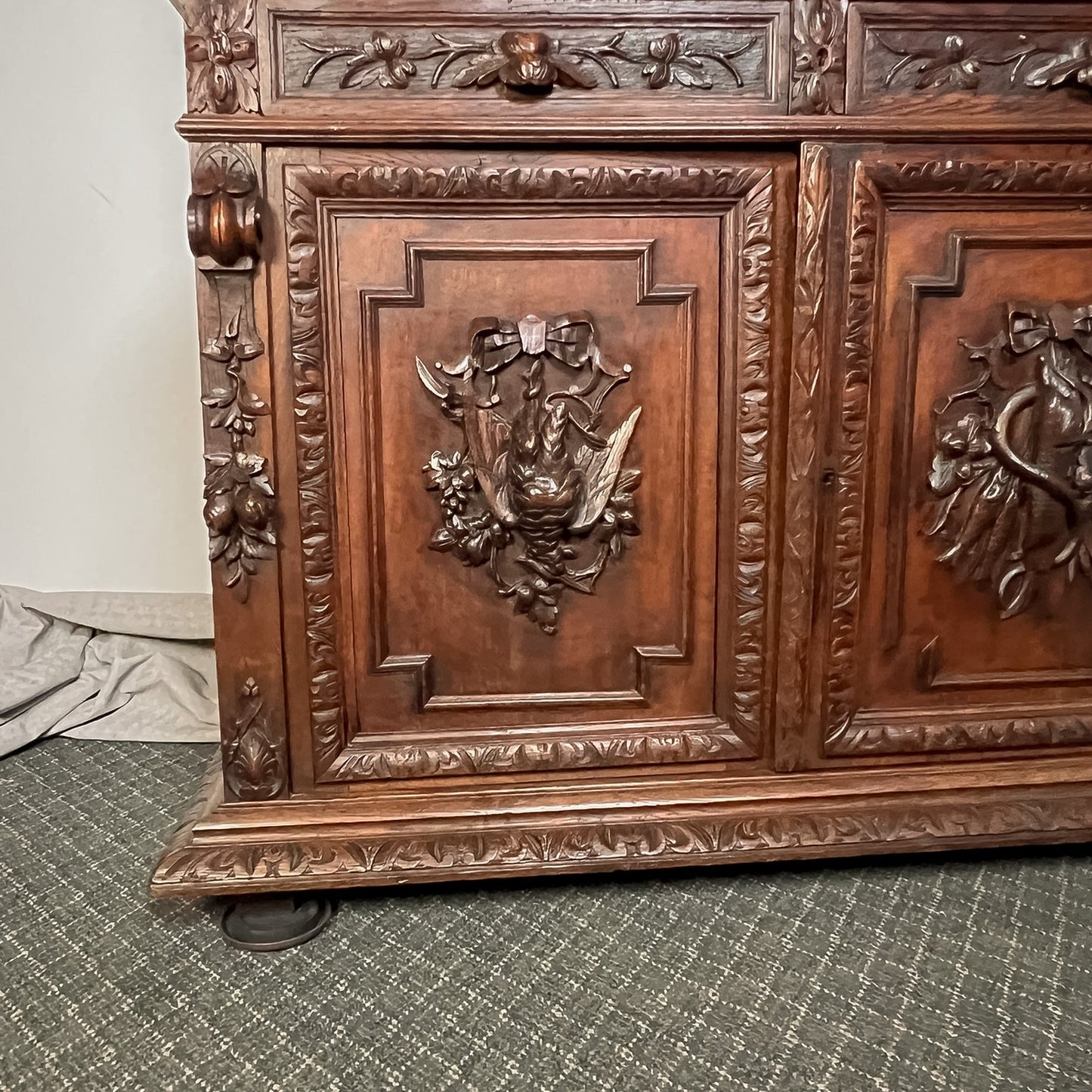 Antique French Normandy Carved Solid Oak Hutch