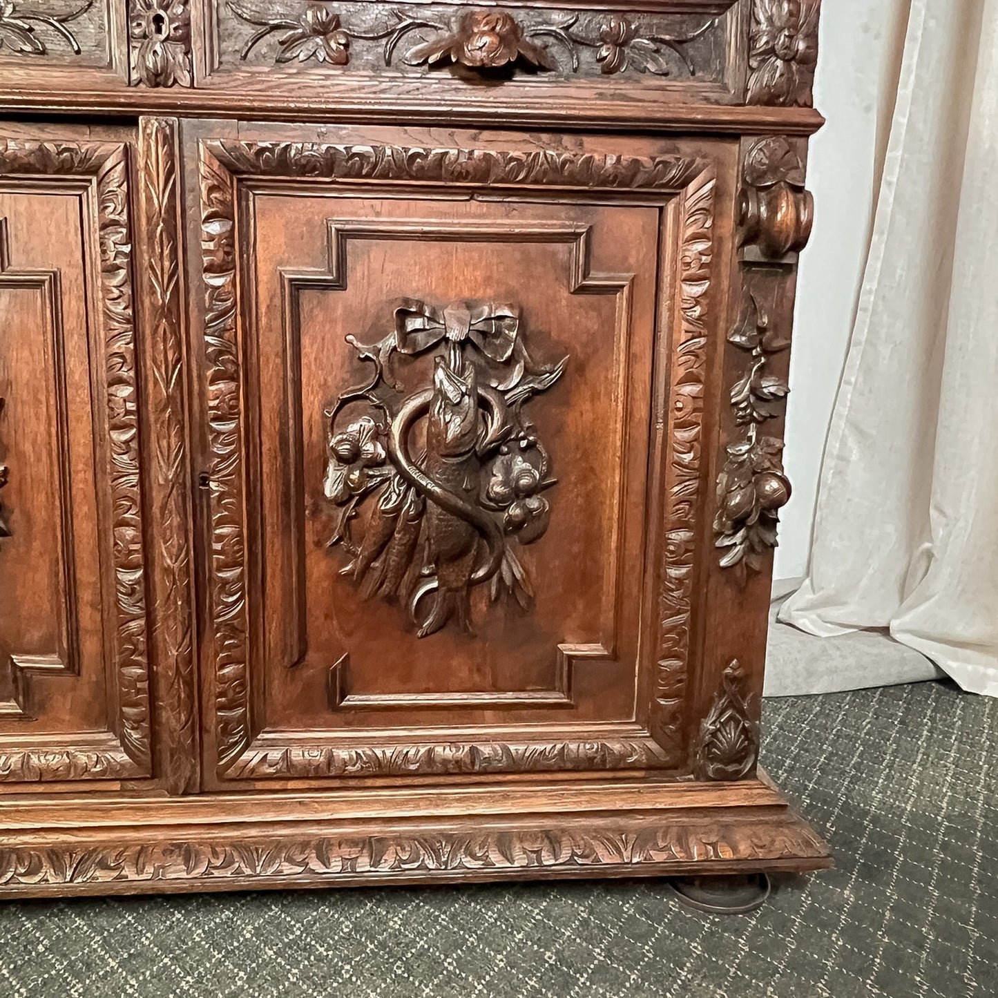 Antique French Normandy Carved Solid Oak Hutch