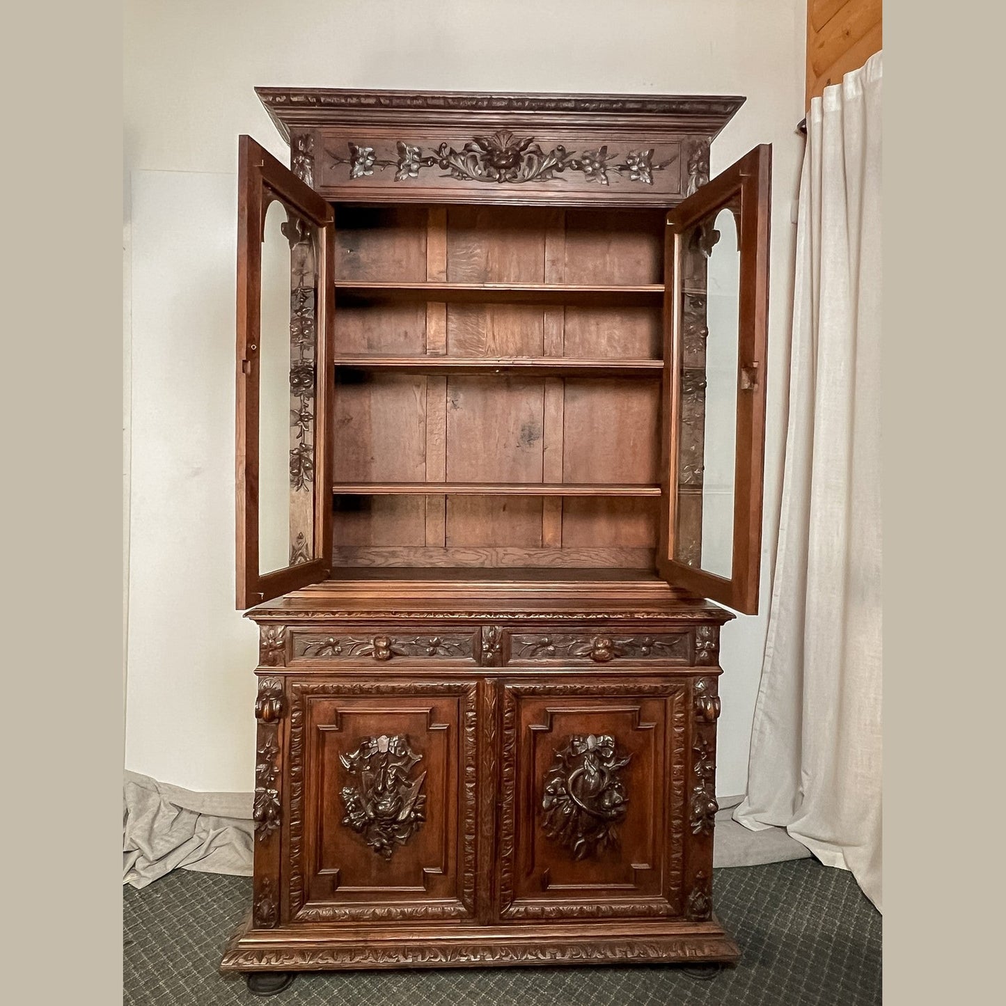 Antique French Normandy Carved Solid Oak Hutch