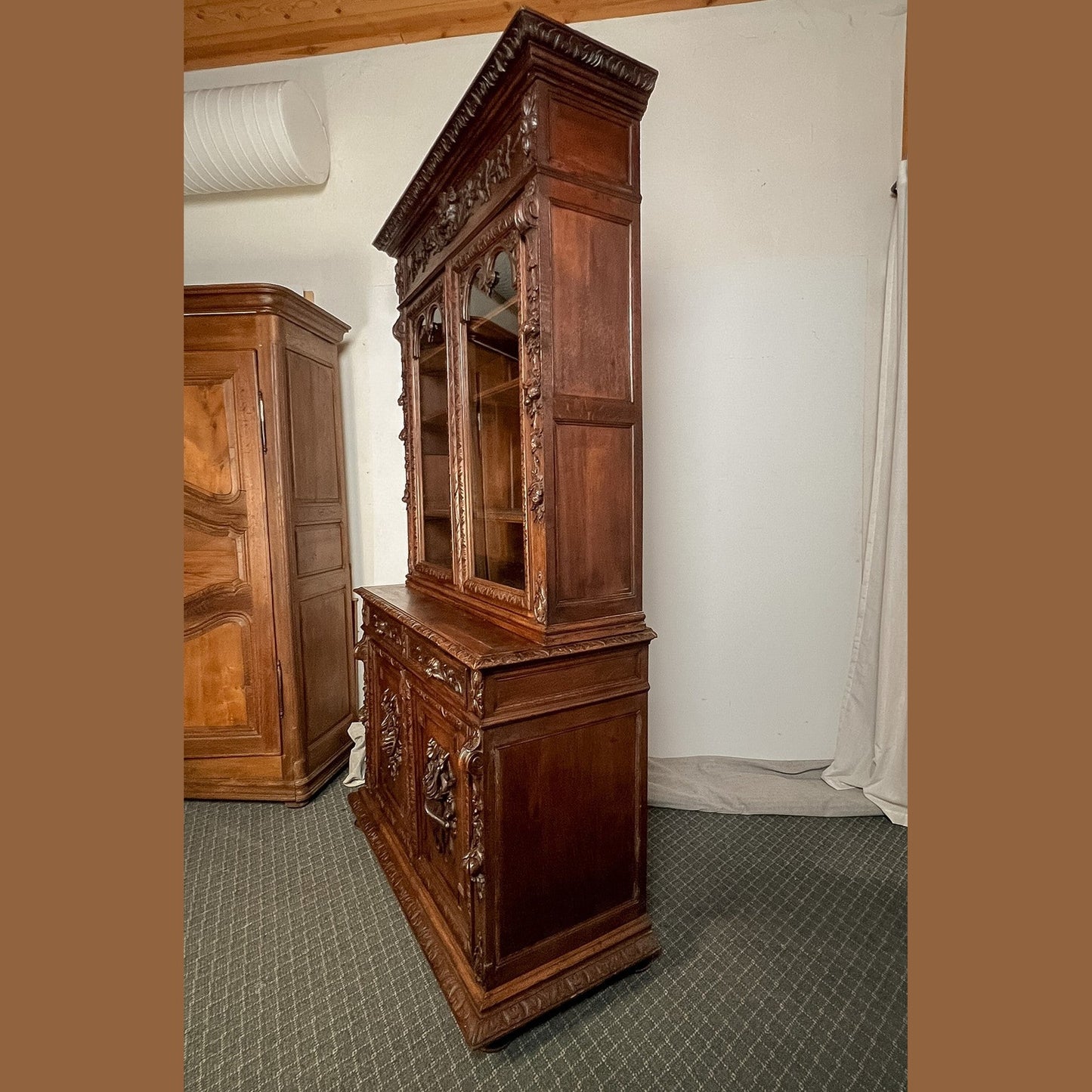 Antique French Normandy Carved Solid Oak Hutch