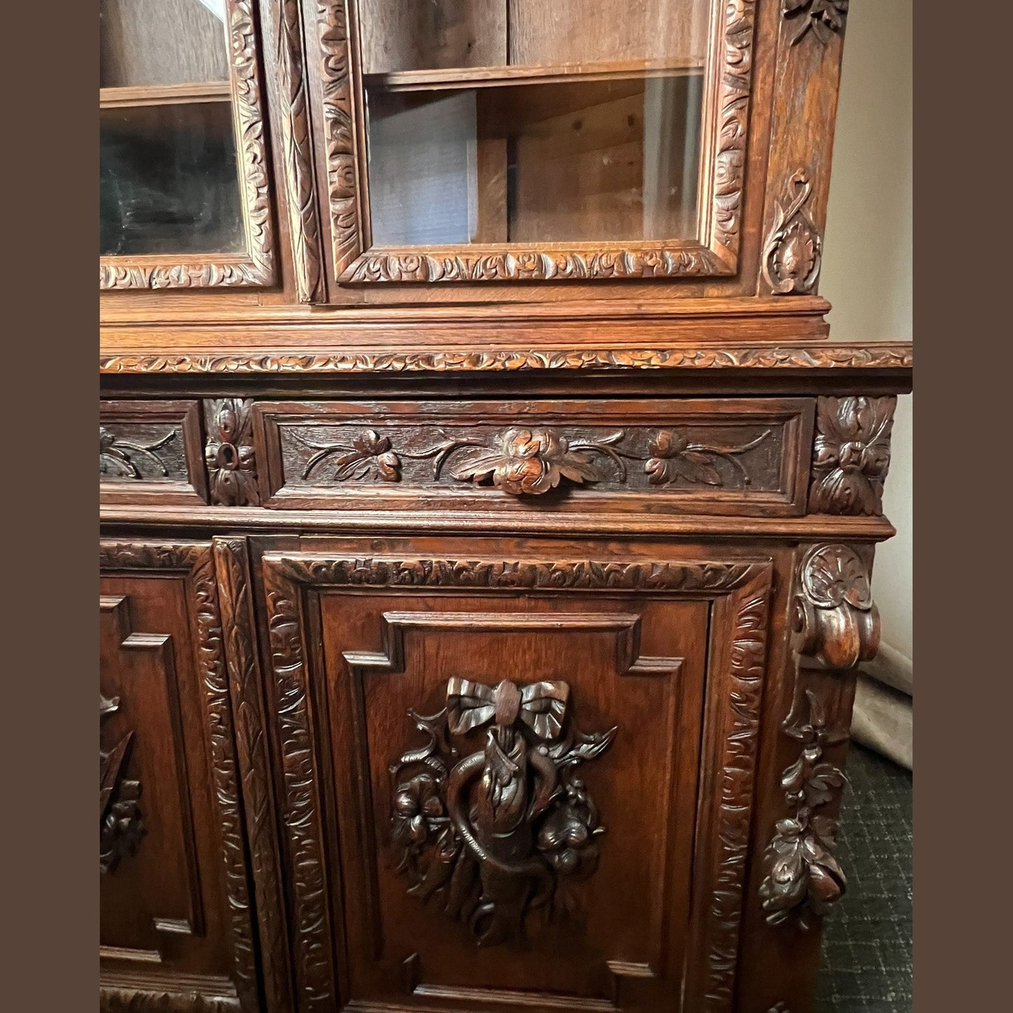 Antique French Normandy Carved Solid Oak Hutch