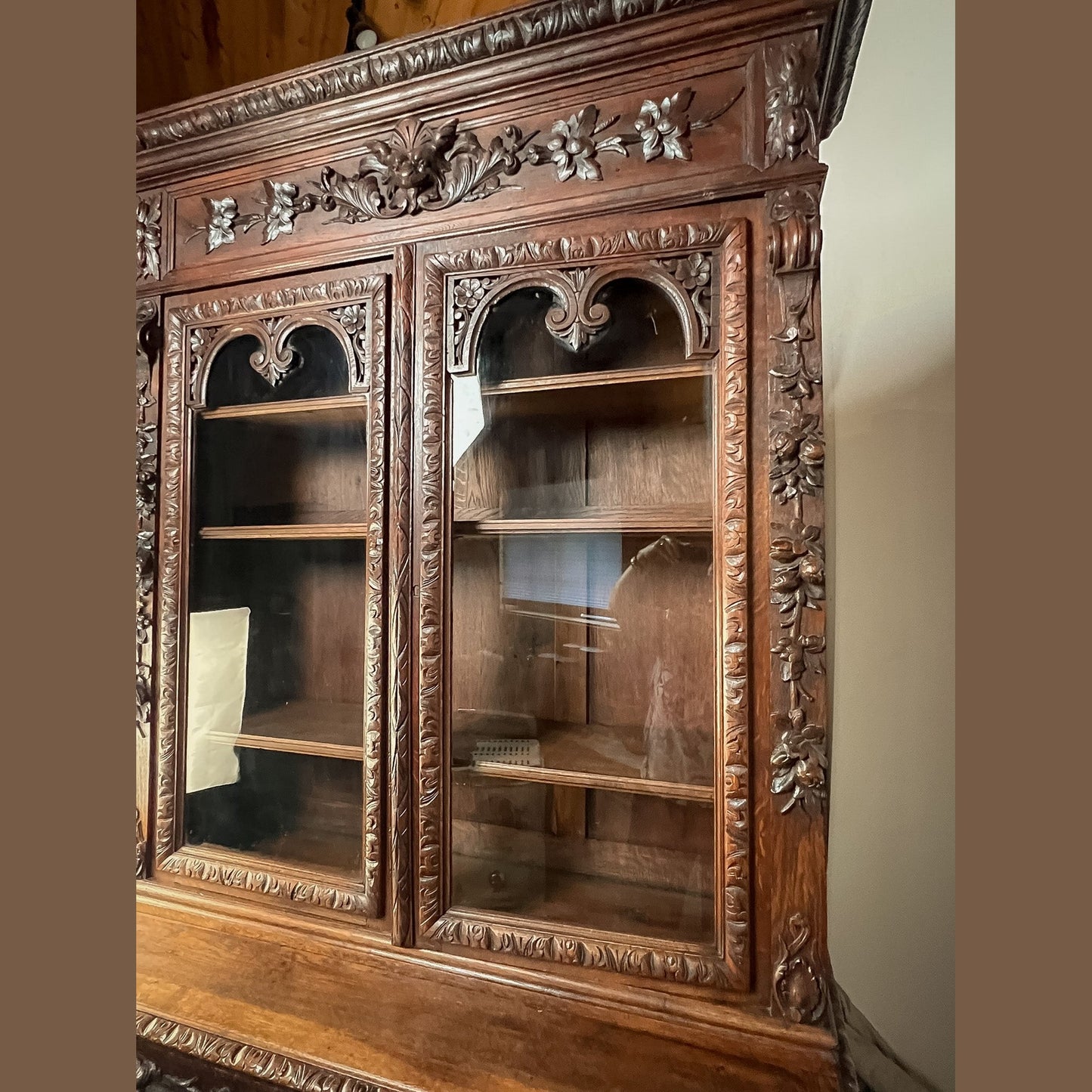 Antique French Normandy Carved Solid Oak Hutch