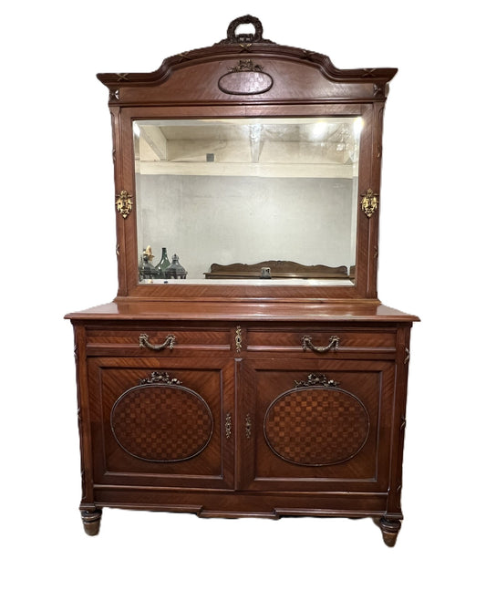 Antique French Walnut Louis XIV Parquet Dresser with Mirror & Brass Inlay, circa 1890