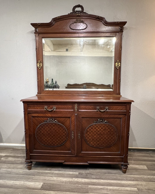 Antique French Walnut Louis XIV Parquet Dresser with Mirror & Brass Inlay, circa 1890