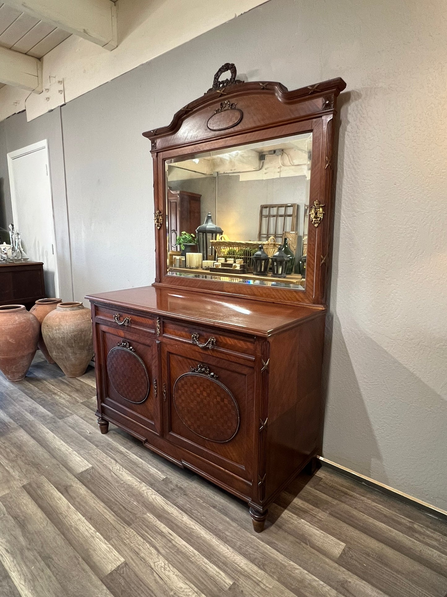 Antique French Walnut Louis XIV Parquet Dresser with Mirror & Brass Inlay, circa 1890