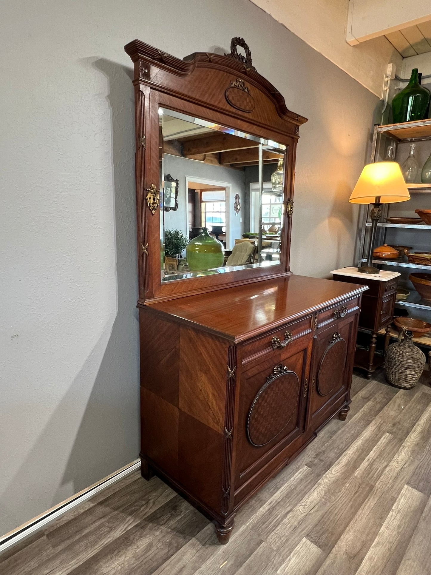 Antique French Walnut Louis XIV Parquet Dresser with Mirror & Brass Inlay, circa 1890