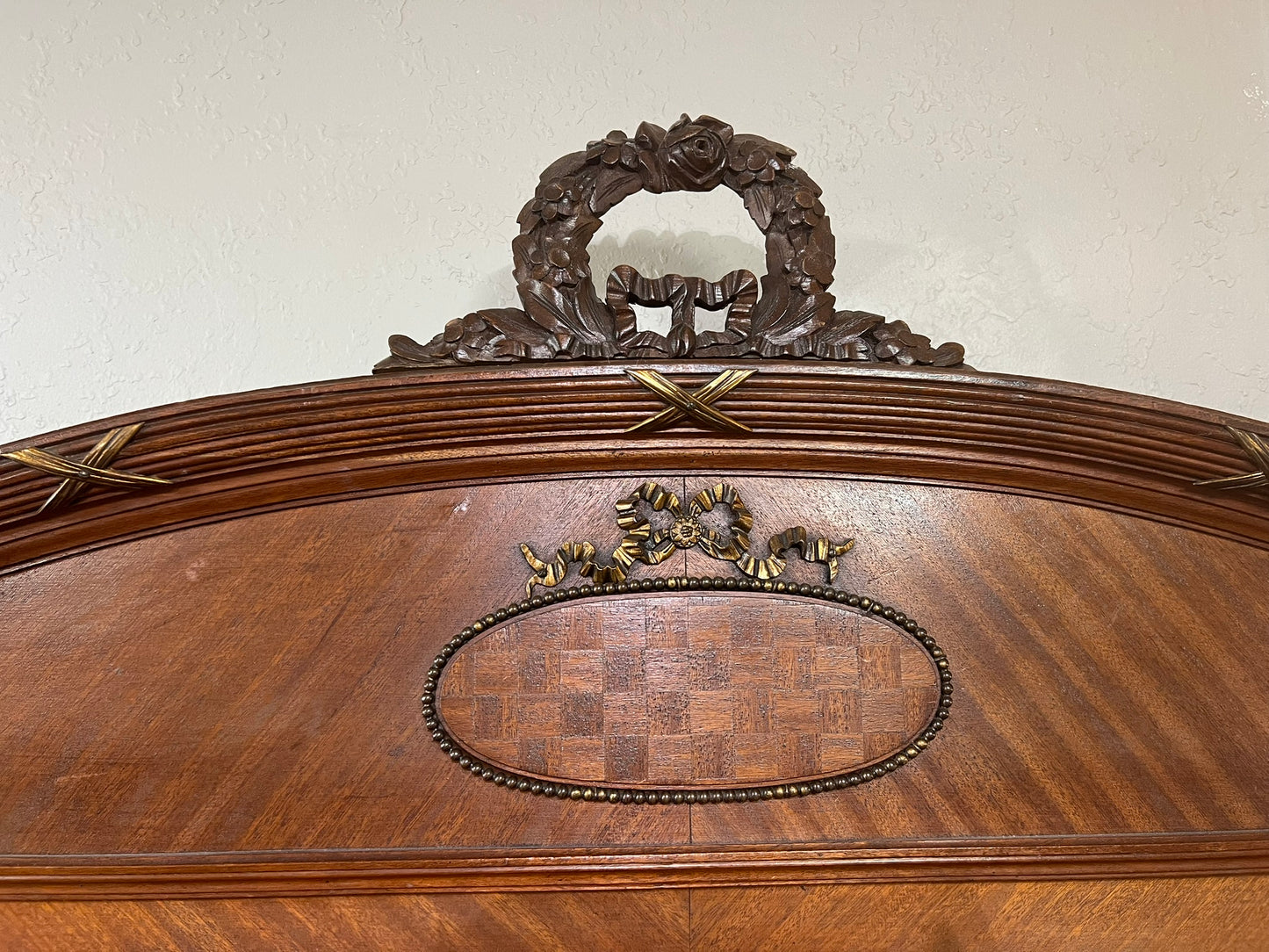 Antique French Walnut Louis XIV Parquet Dresser with Mirror & Brass Inlay, circa 1890