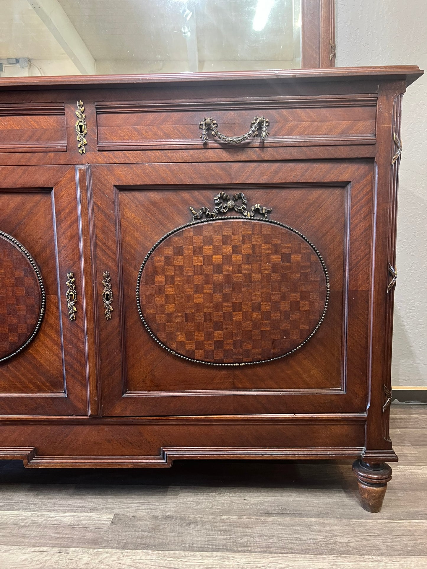 Antique French Walnut Louis XIV Parquet Dresser with Mirror & Brass Inlay, circa 1890