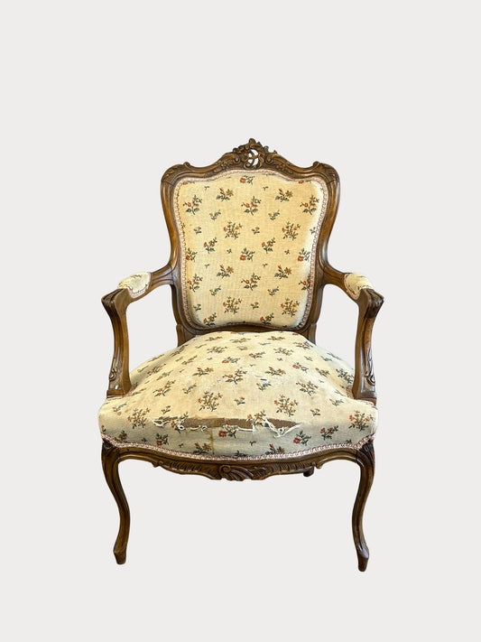 Antique French Louis XV Walnut Armchair with Carved Wood & Floral Upholstery