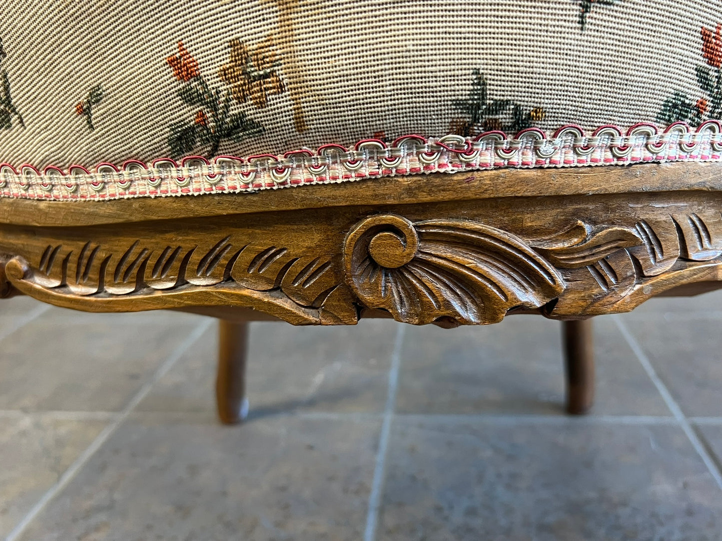 Antique French Louis XV Walnut Armchair with Carved Wood & Floral Upholstery