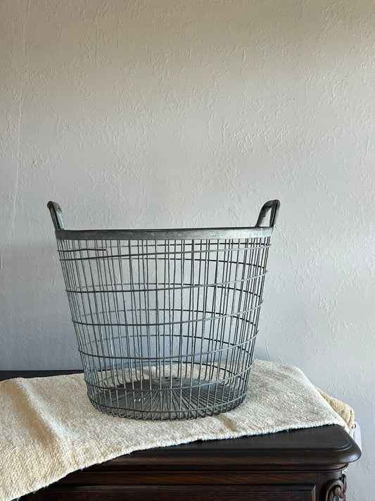Vintage Hungarian Industrial Steel Apple Basket – Open Grid Farm Bin with Handles #6671