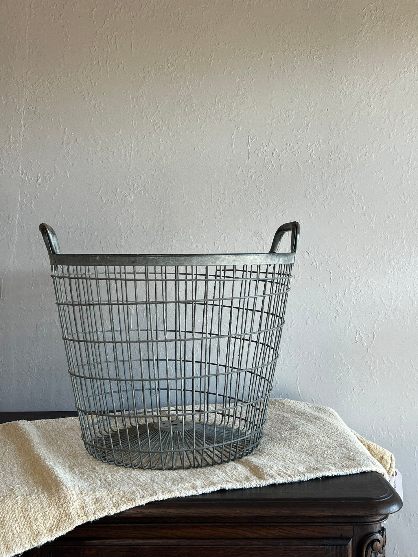 Vintage Hungarian Industrial Steel Apple Basket – Open Grid Farm Bin with Handles #6671