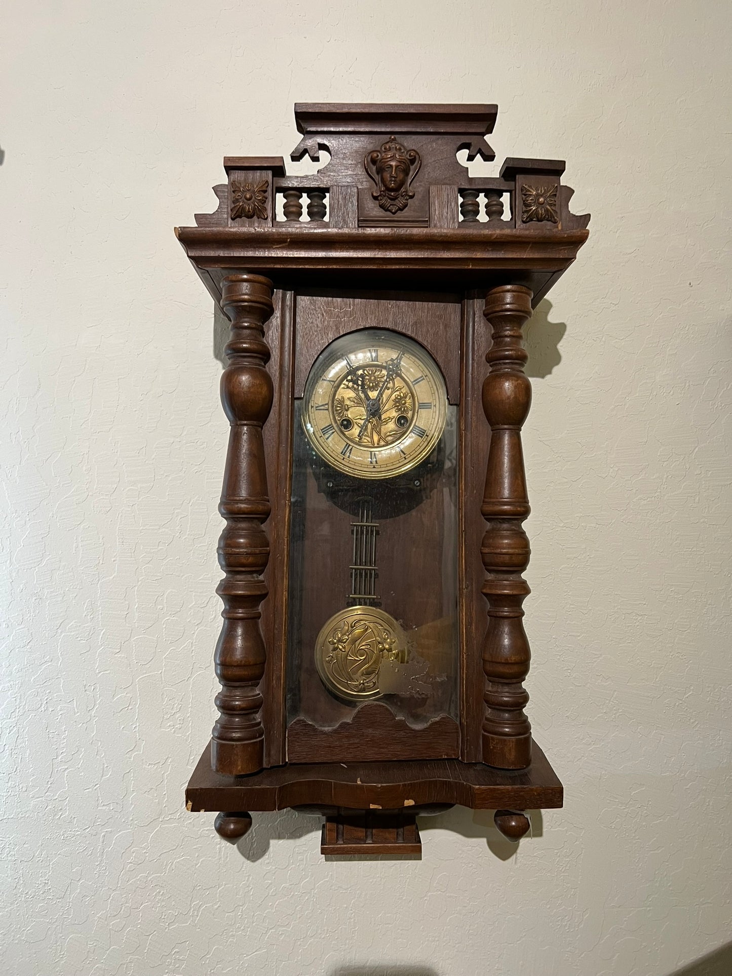 Antique Belgian Walnut Clock - Flower Motif #317