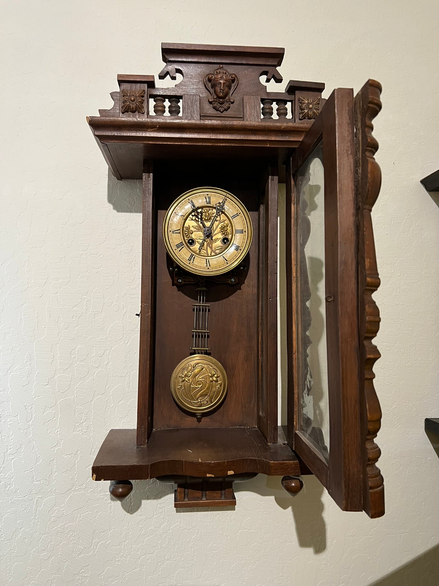 Antique Belgian Walnut Clock - Flower Motif #317