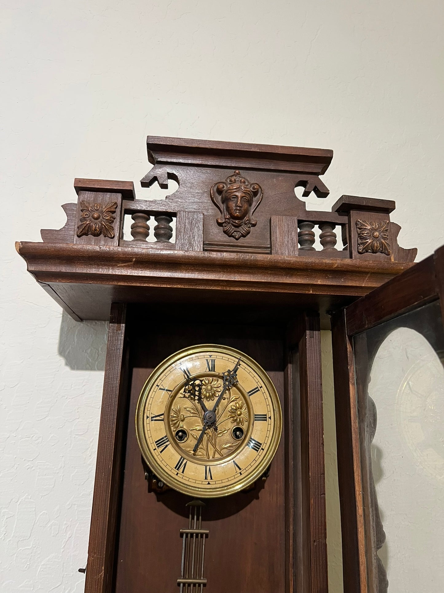Antique Belgian Walnut Clock - Flower Motif #317
