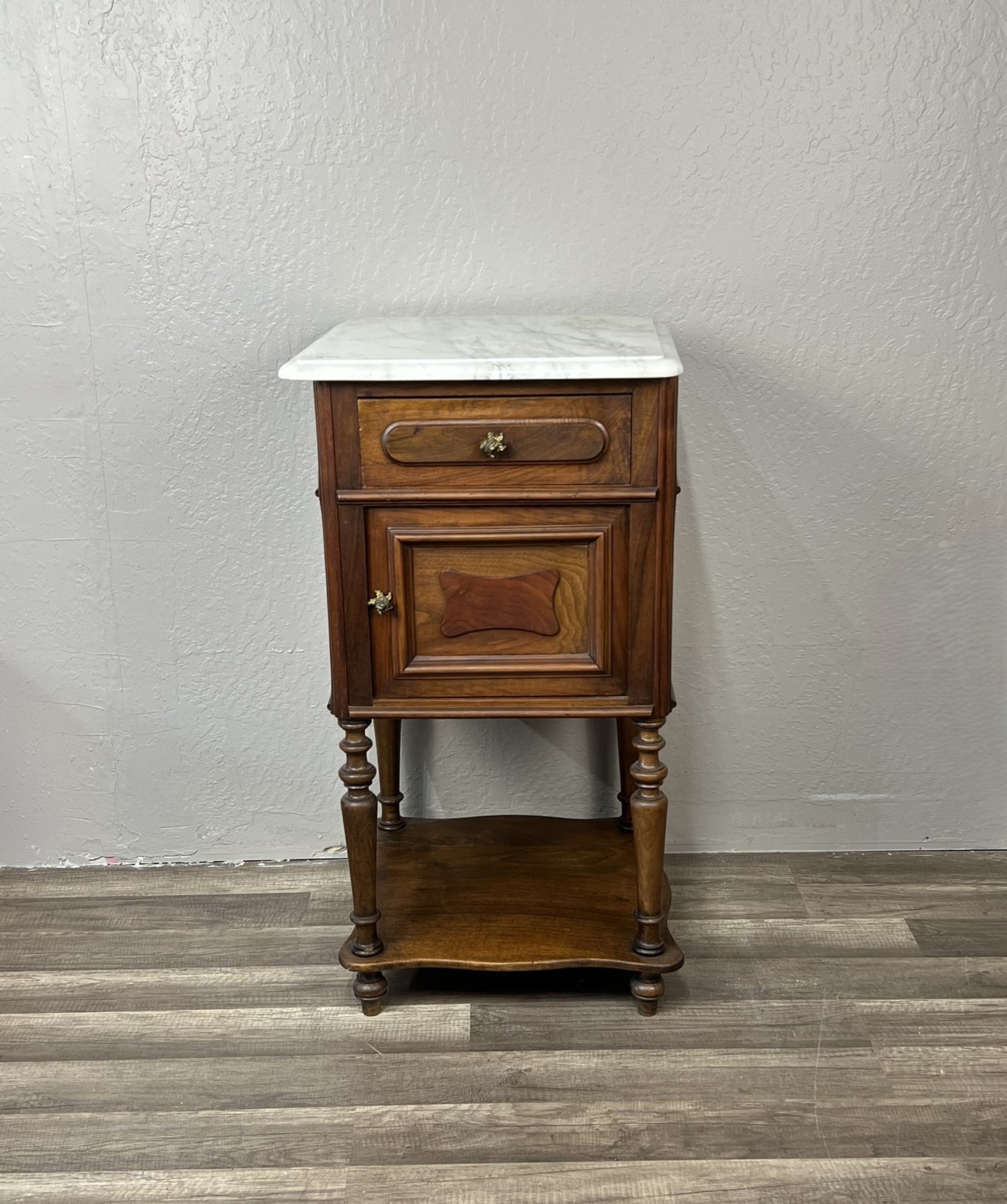 Antique French Walnut Marble-Top Nightstand with Cabinet and Drawer, c.1890