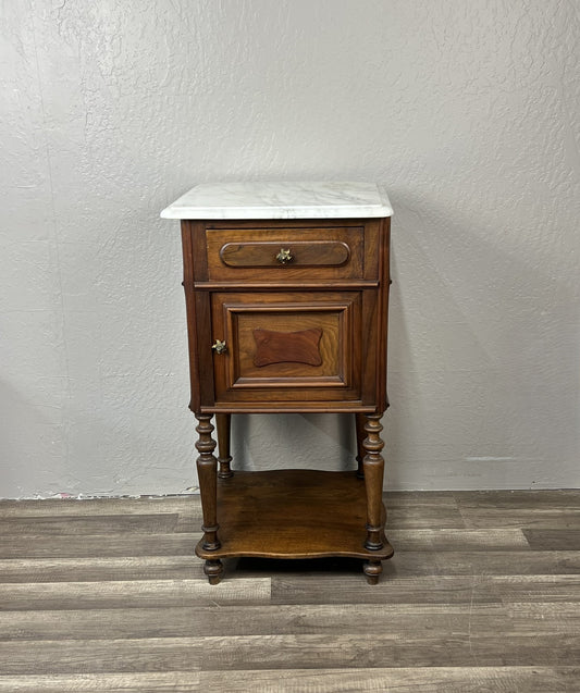 Antique French Walnut Marble-Top Nightstand with Cabinet and Drawer, c.1890