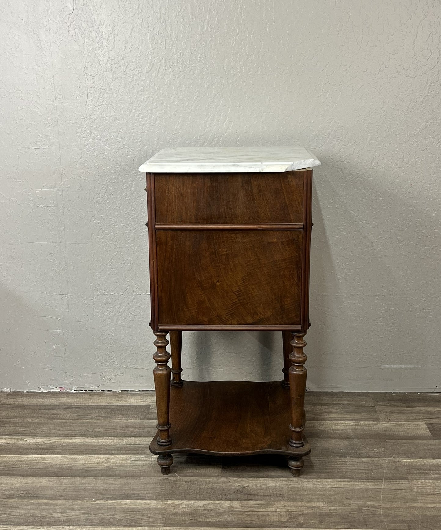 Antique French Walnut Marble-Top Nightstand with Cabinet and Drawer, c.1890