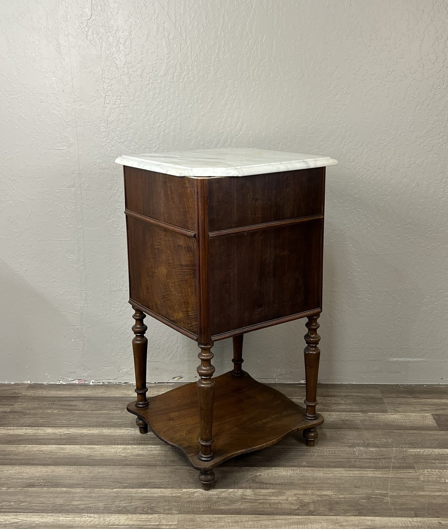 Antique French Walnut Marble-Top Nightstand with Cabinet and Drawer, c.1890