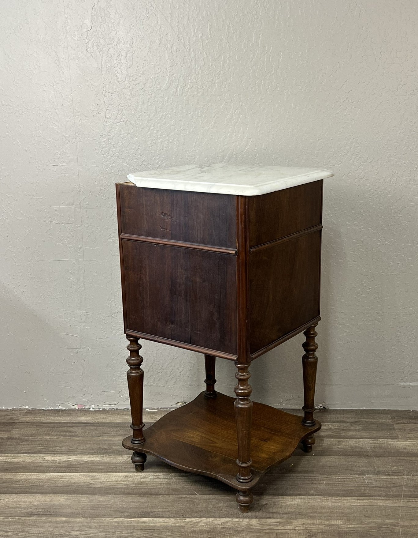 Antique French Walnut Marble-Top Nightstand with Cabinet and Drawer, c.1890
