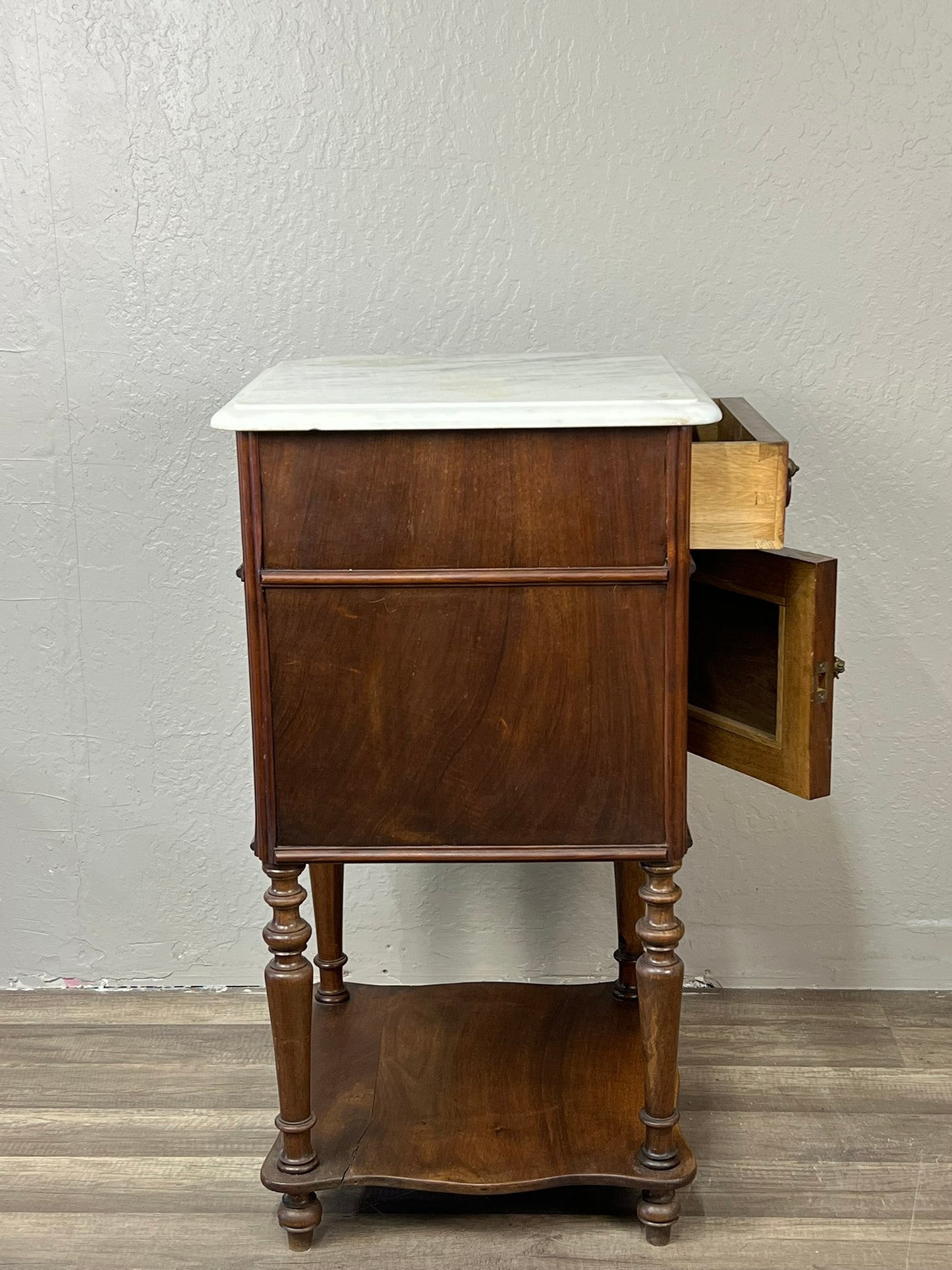 Antique French Walnut Marble-Top Nightstand with Cabinet and Drawer, c.1890