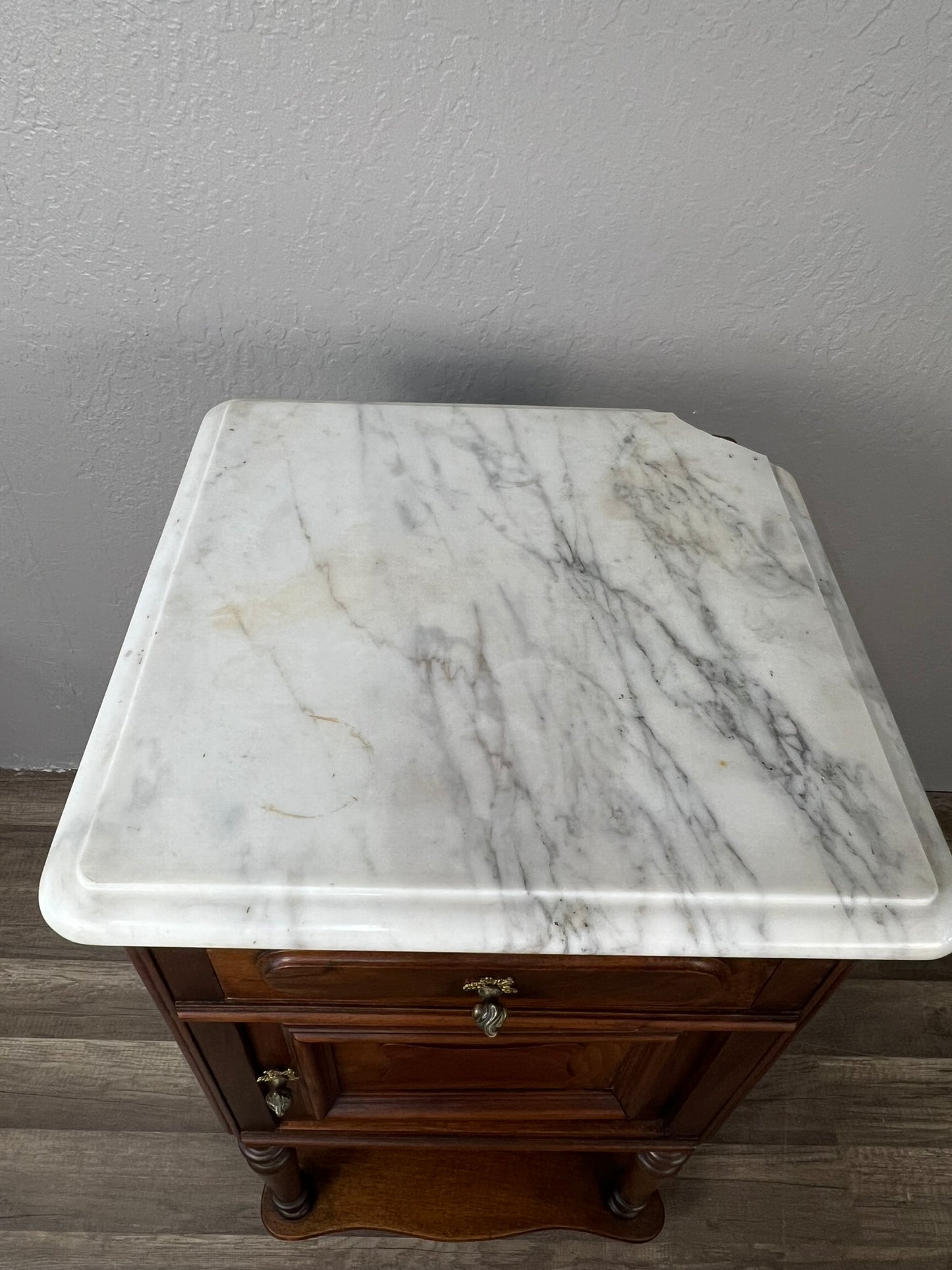 Antique French Walnut Marble-Top Nightstand with Cabinet and Drawer, c.1890