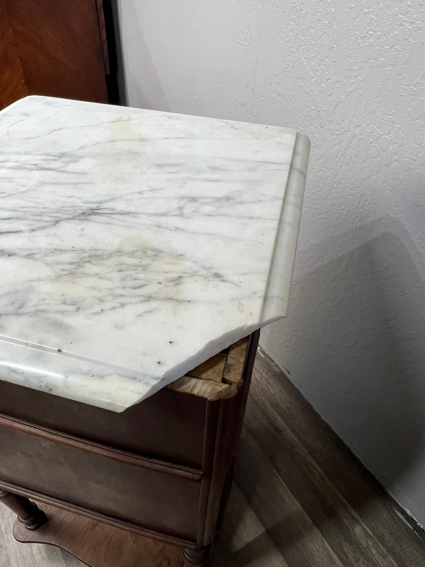 Antique French Walnut Marble-Top Nightstand with Cabinet and Drawer, c.1890