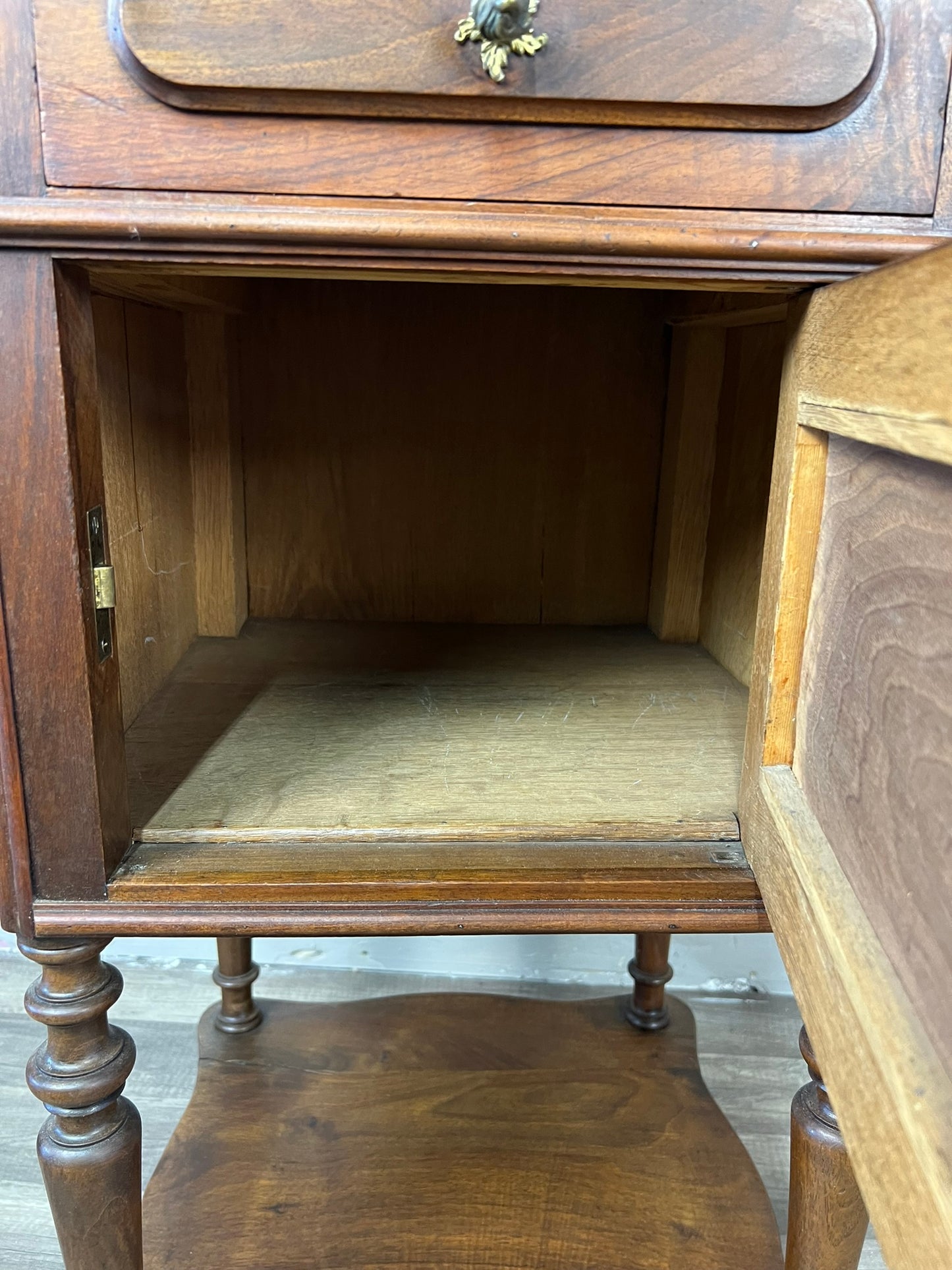 Antique French Walnut Marble-Top Nightstand with Cabinet and Drawer, c.1890