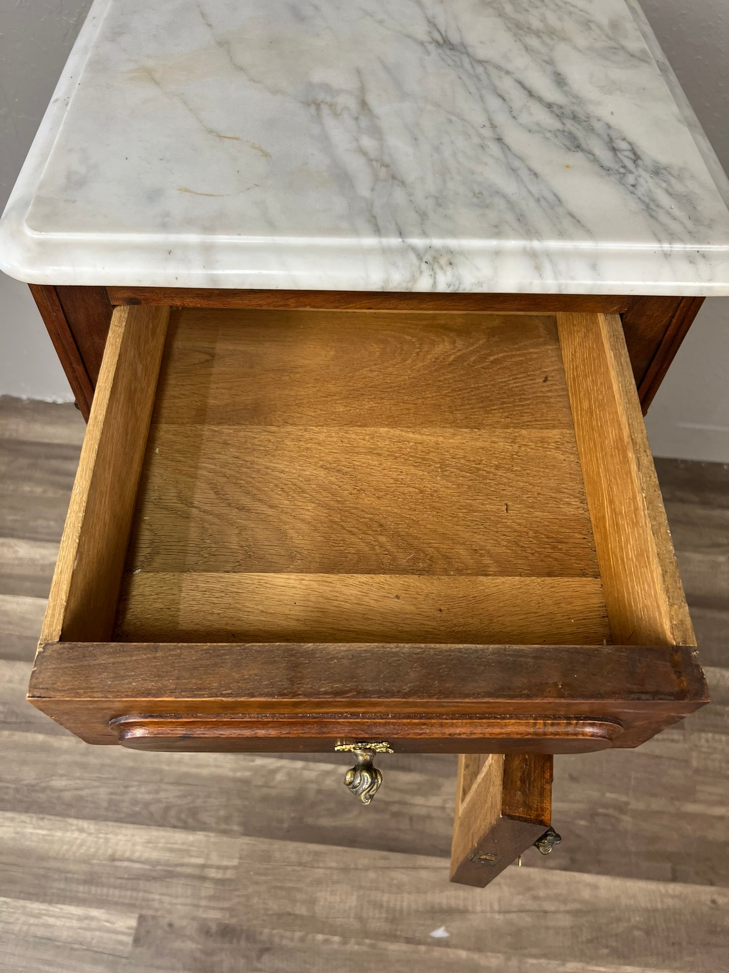 Antique French Walnut Marble-Top Nightstand with Cabinet and Drawer, c.1890