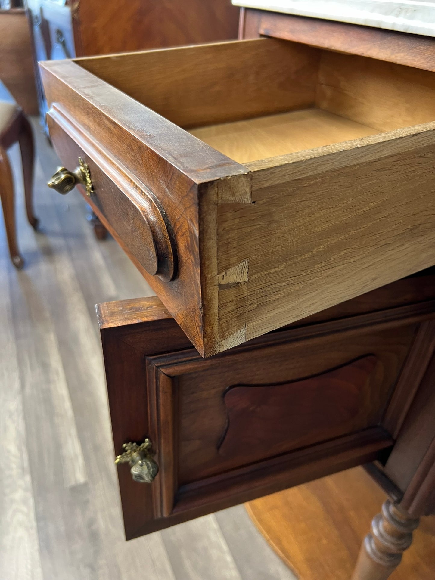 Antique French Walnut Marble-Top Nightstand with Cabinet and Drawer, c.1890