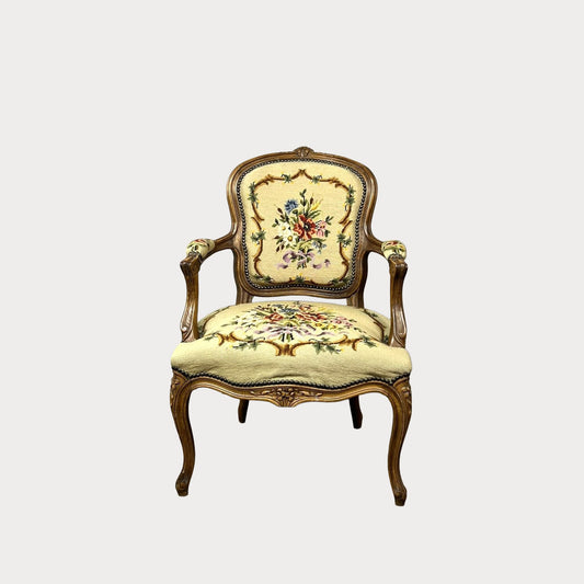 Vintage Belgian Louis XV Style Armchair with Floral Needlepoint Upholstery