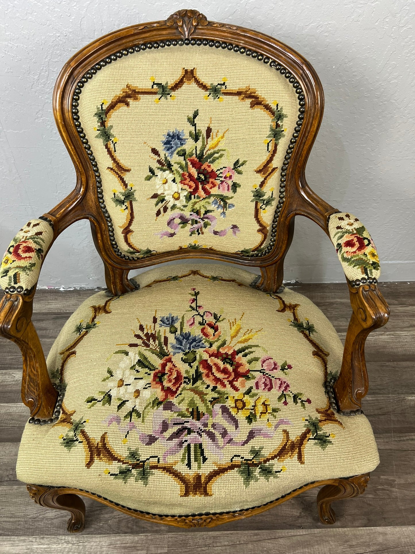 Vintage Belgian Louis XV Style Armchair with Floral Needlepoint Upholstery