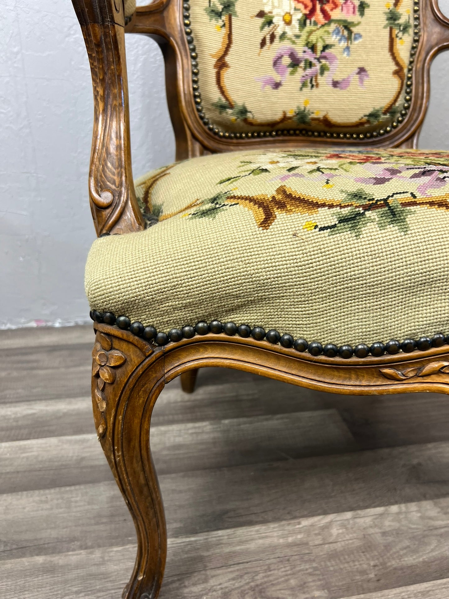 Vintage Belgian Louis XV Style Armchair with Floral Needlepoint Upholstery