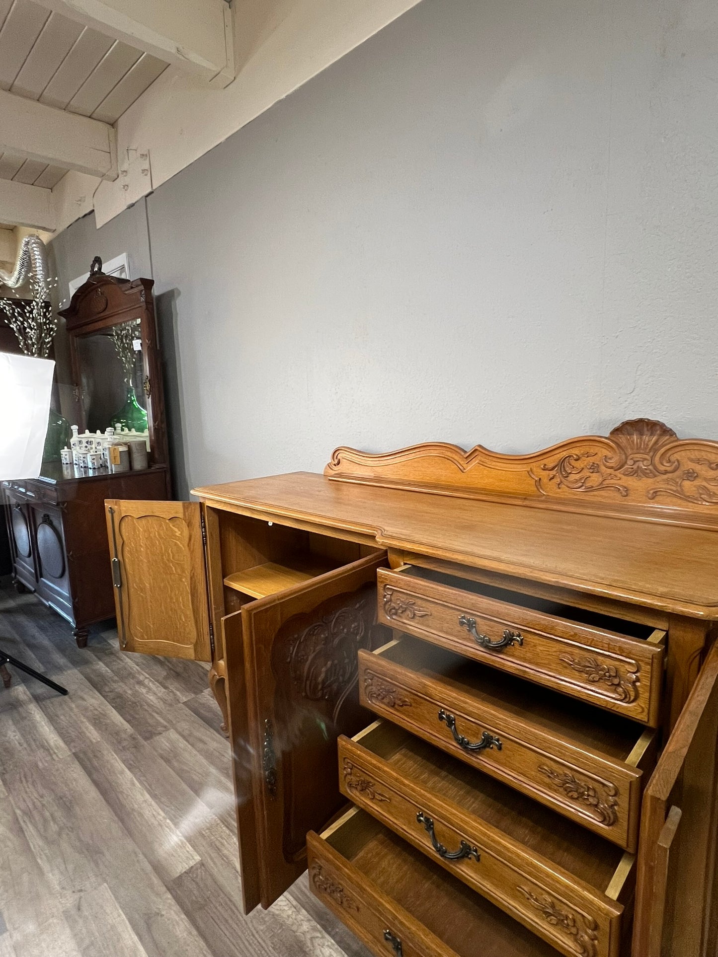 Vintage Belgian Light Oak Buffet - Extra Long